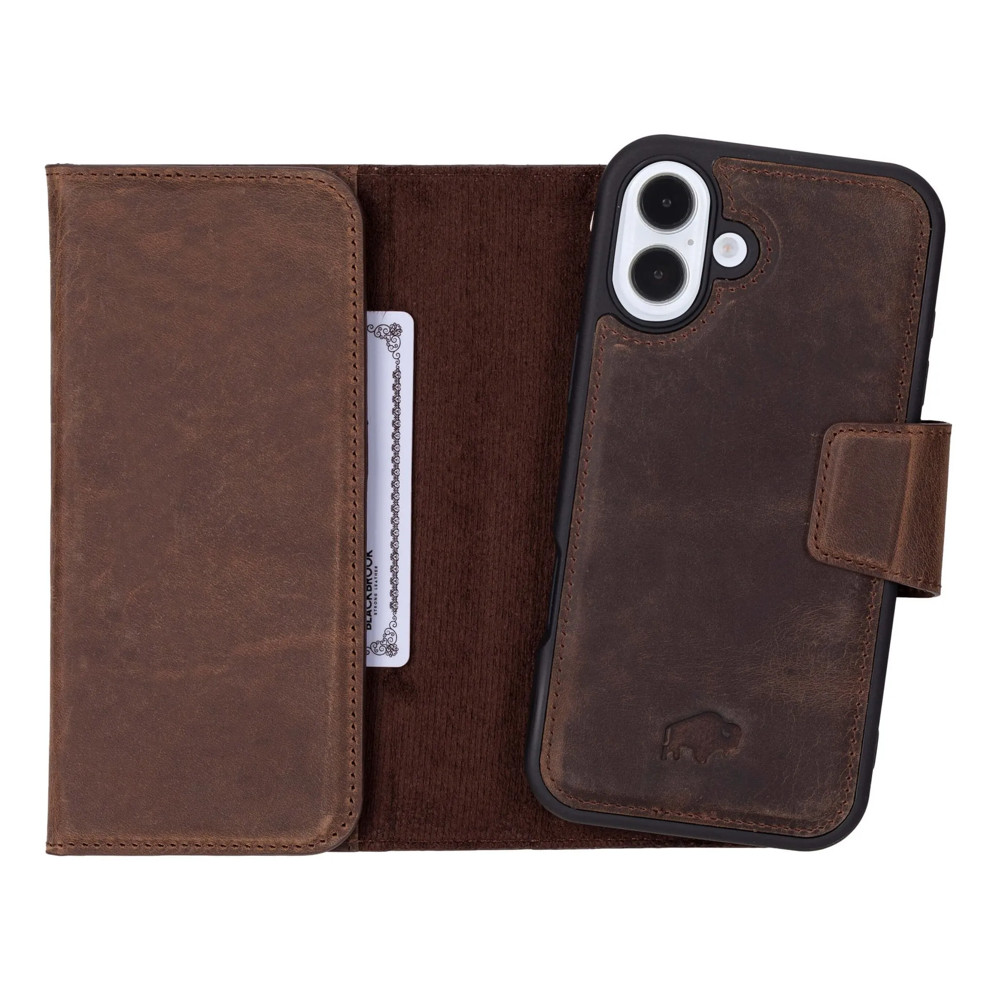 Compact Shell Protective Touch Tudor Tri-Fold Leather Wallet Case ?C iPhone 16 Plus, Distressed Coffee