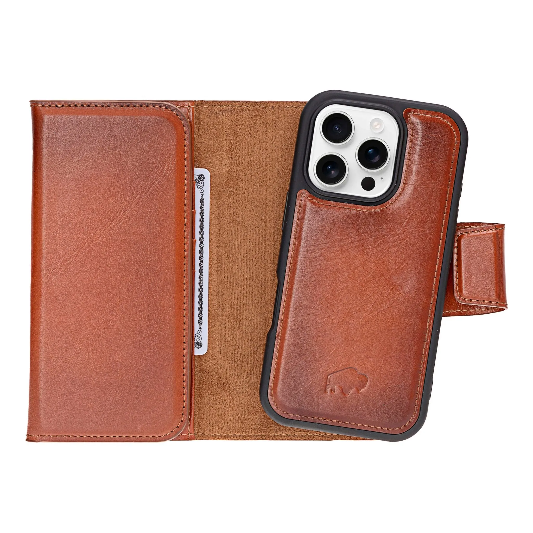 Premium Finish Tudor Tri-Fold Leather Wallet Case ?C iPhone 16 Pro, Burnished Tan
