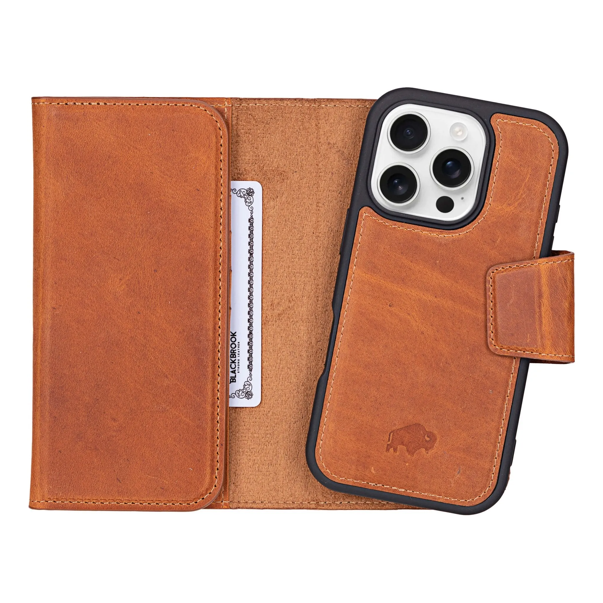 Tudor Tri-Fold Leather Wallet Case ?C iPhone 16 Pro, Golden Brown Port Protection
