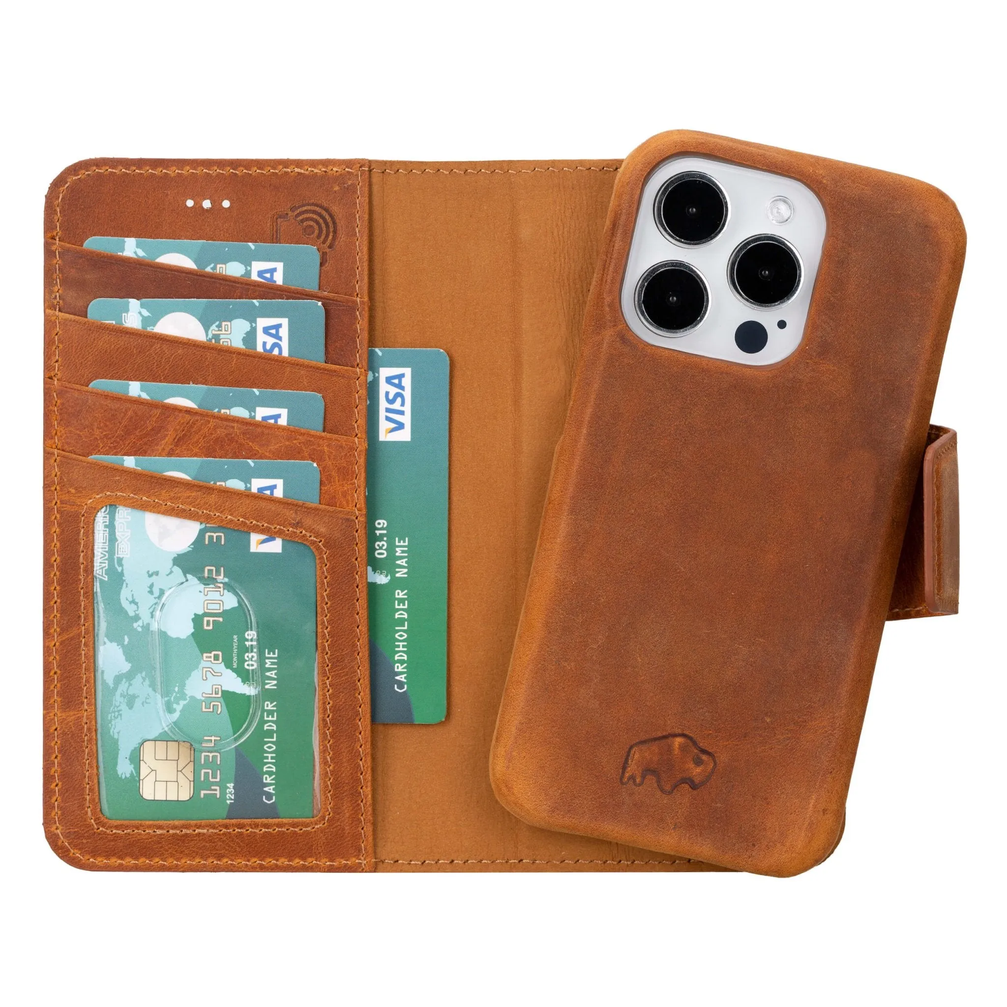 Burkley Leather Wallet Case - iPhone 15 Pro, Golden Brown Anti Shock Transparent Look