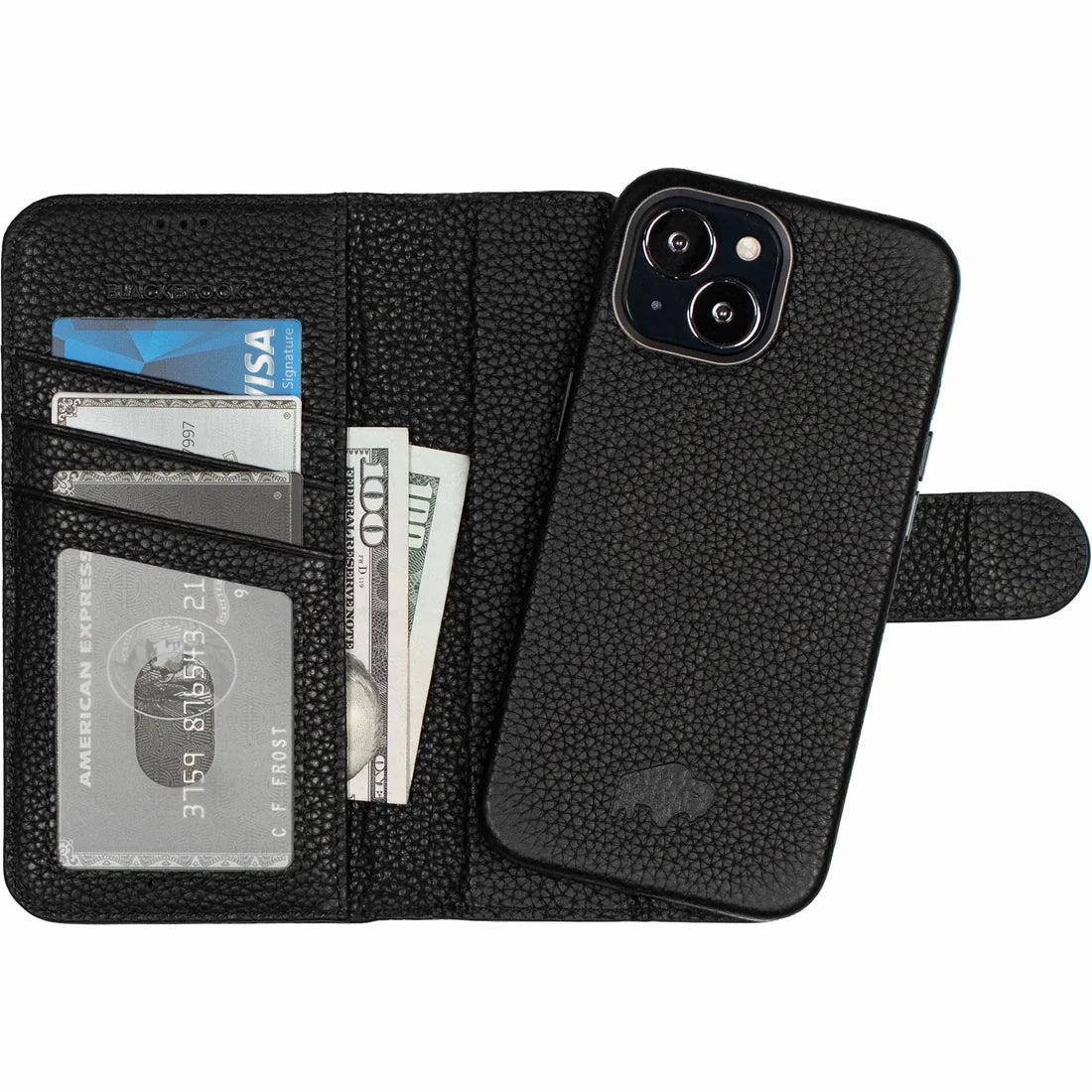 Carson Detachable Leather Wallet Case ?C iPhone 14 Plus, Pebble Black Anti Shock Layer