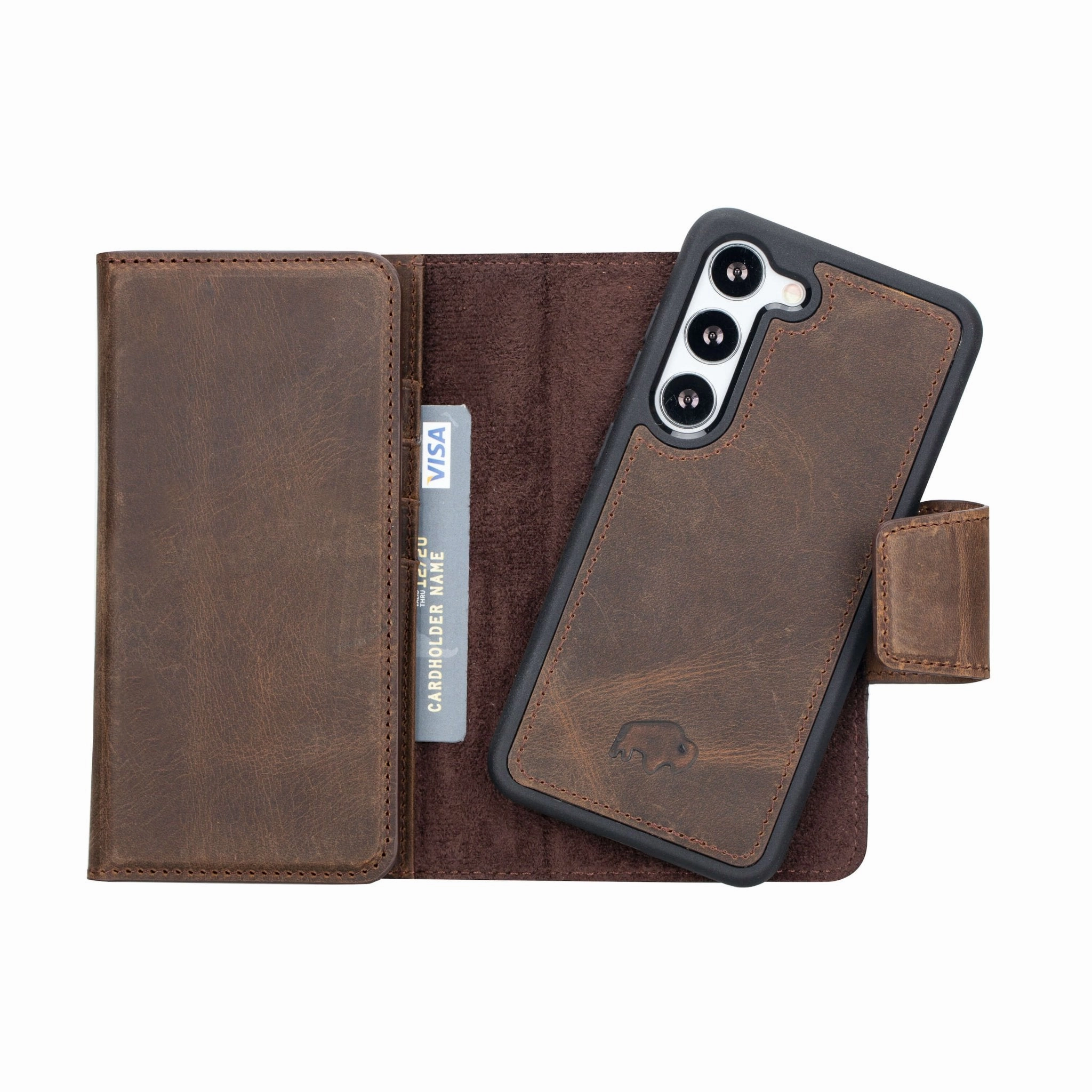 Tudor Tri-Fold Leather Wallet Case- Galaxy S23, Distressed Coffee Comfort Style Easy Removal