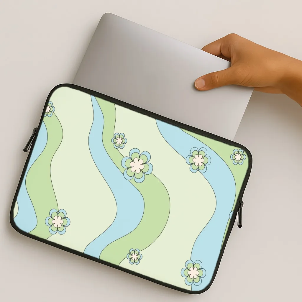 Waves And Flowers Green Retro Pattern Laptop Sleeve Vivid colors Elegant Accent