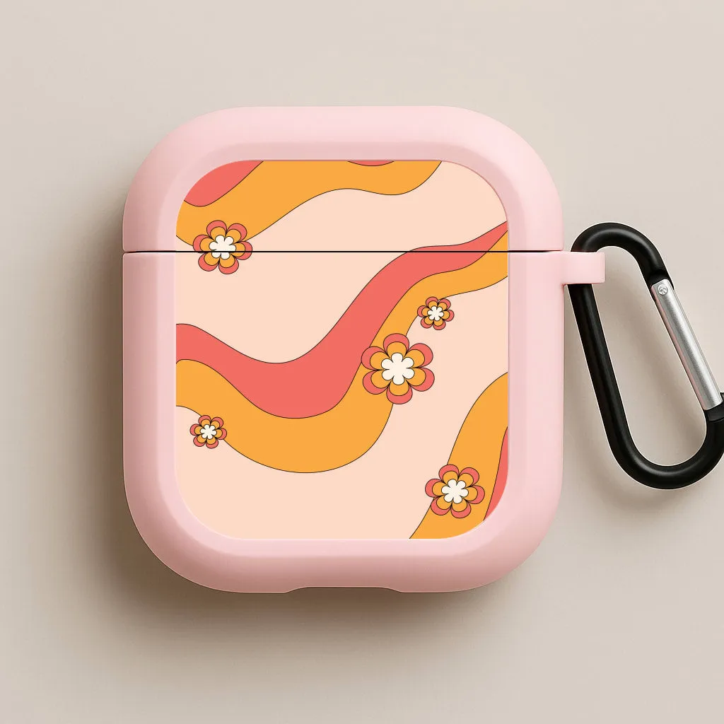 vivid neon commuter silicone cover vivid gradient portable travel airpods case Waves And Flowers Orange Retro Pattern AirPods Case