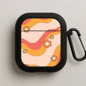 Waves And Flowers Orange Retro Pattern AirPods Case Travel Light Organizer