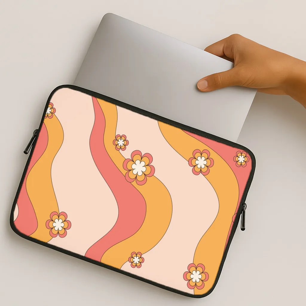 Waves And Flowers Orange Retro Pattern Laptop Sleeve Polished Texture Finish