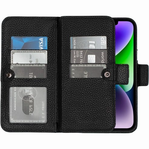 Windsor iPhone 14 Plus Bi-Fold Wallet Case, Pebble Black Polished Finish Compact Pattern
